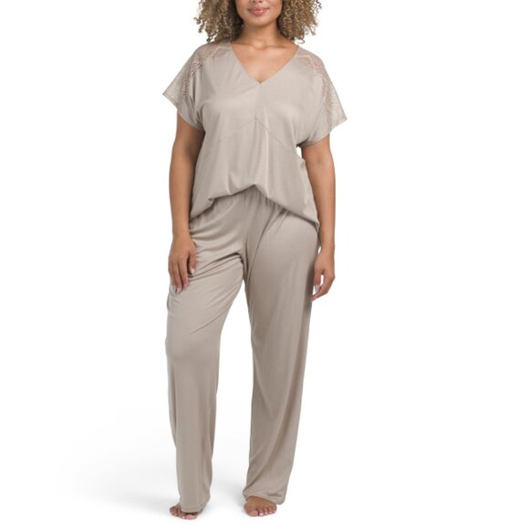 HANRO Deep Taupe 2pc Modal Josephine Soft Lace Pajama Set
